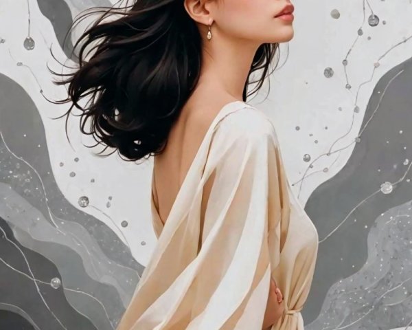 Woman in Striped Dress Against Ethereal Backdrop