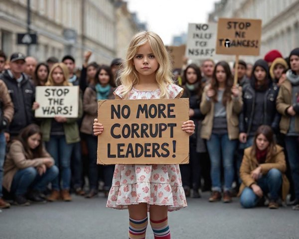 Young Girl in Protest Holding Anti-Corruption Sign