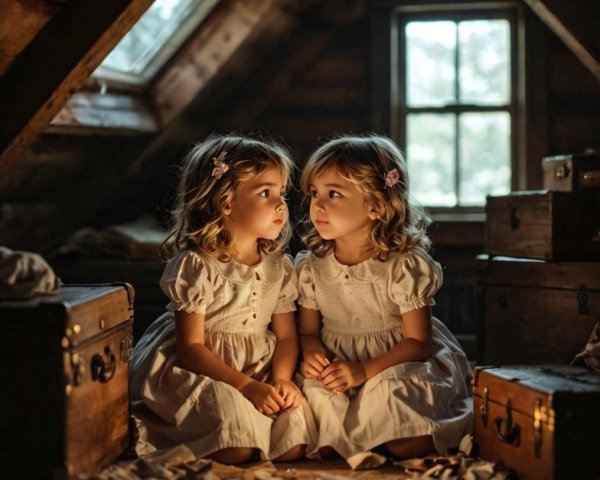 Young girls in matching dresses in a cozy attic setting