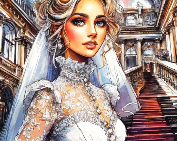 Elegant Bride in White Gown with Lace and Pearls