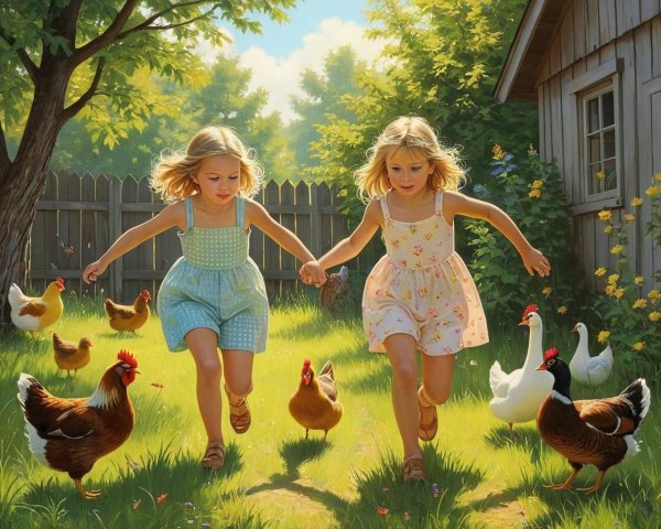 Young girls play in a sunny backyard with animals