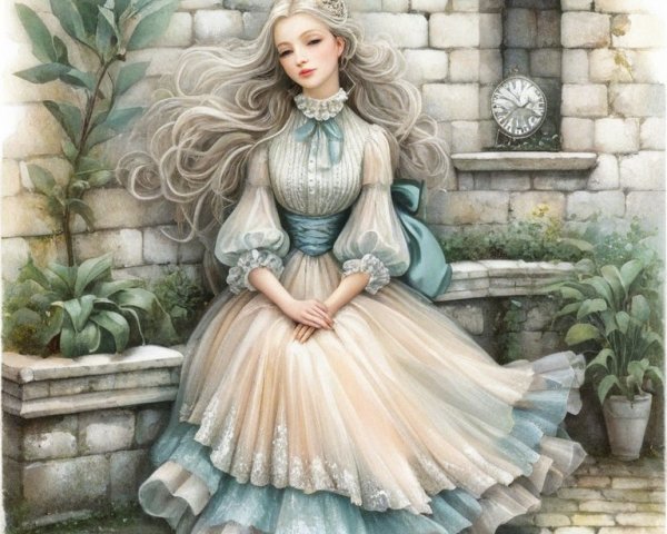 Serene Young Woman in Vintage Dress by Stone Wall