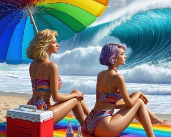Women Relaxing on Rainbow Beach Blanket by Ocean