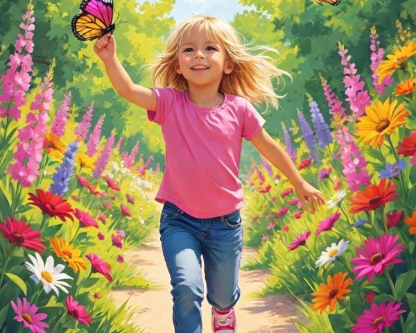 Young girl running on sunlit path with wildflowers
