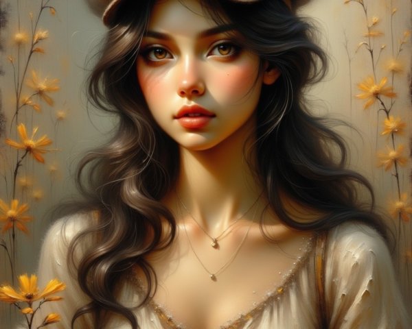 Young woman with black hair in serene floral setting