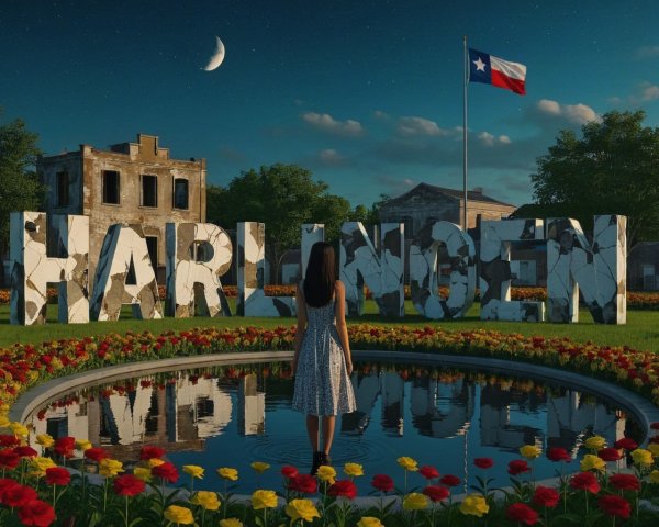 Woman by Reflective Pond and Artistic Sign in Texas