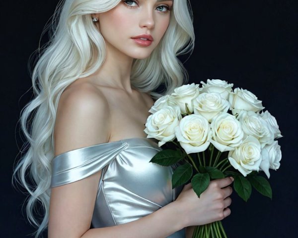 Young woman in silver dress with white roses