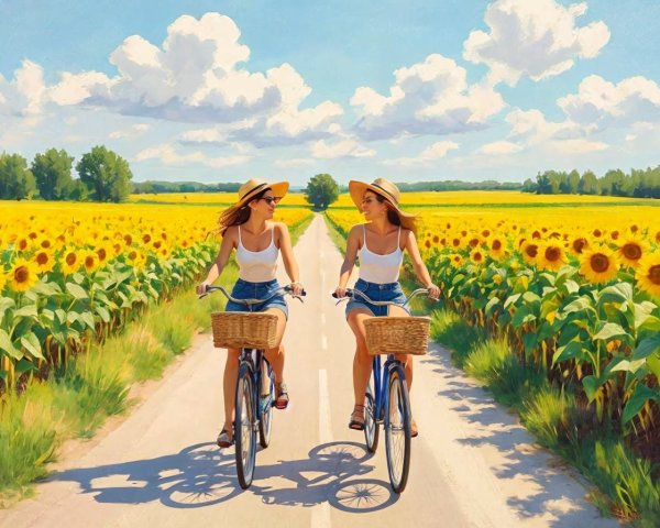 Women Biking Through Sunflower Fields on Sunny Day