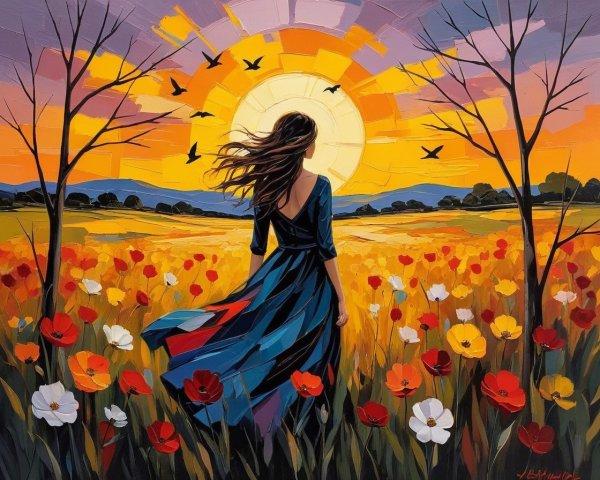 Woman in Flower Field at Sunset with Vibrant Colors