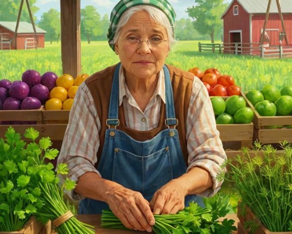 Elderly Woman at Rustic Market Stall with Fresh Produce