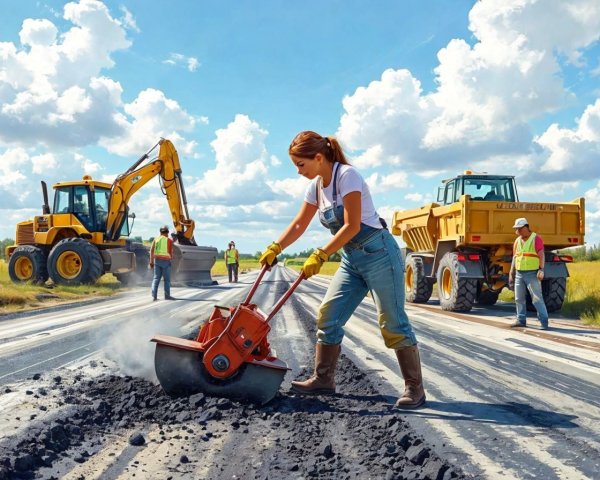 Woman Operating Roller on Construction Site with Workers