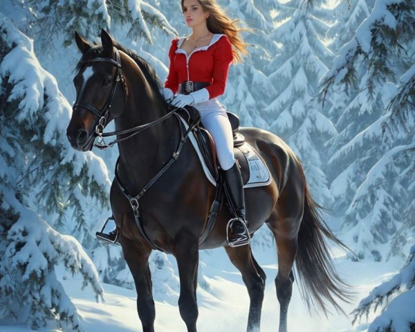 Young Woman in Red Jacket Riding Black Horse in Snow