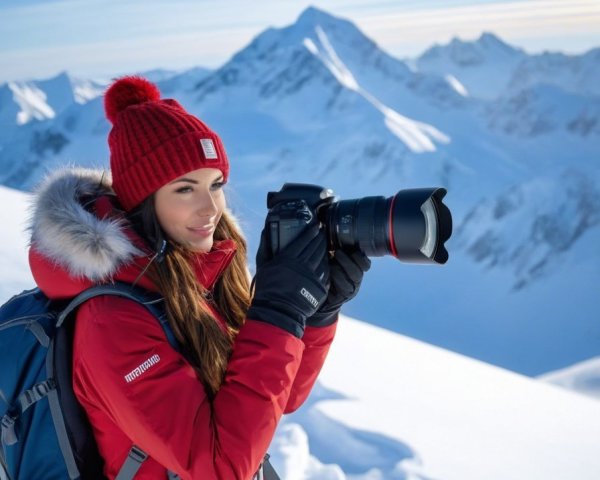 Young Woman in Red Jacket on Snowy Mountain Landscape