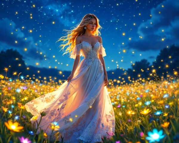 Ethereal Figure in Gown Among Vibrant Flower Field
