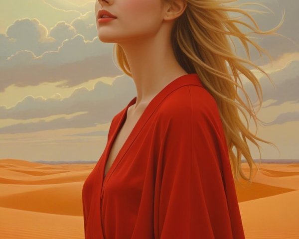 Serene Woman in Desert with Golden Sunlight and Clouds