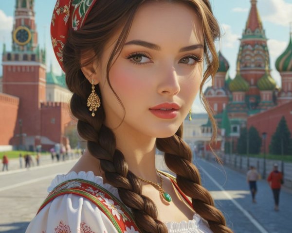 Young woman in traditional Russian dress at Red Square