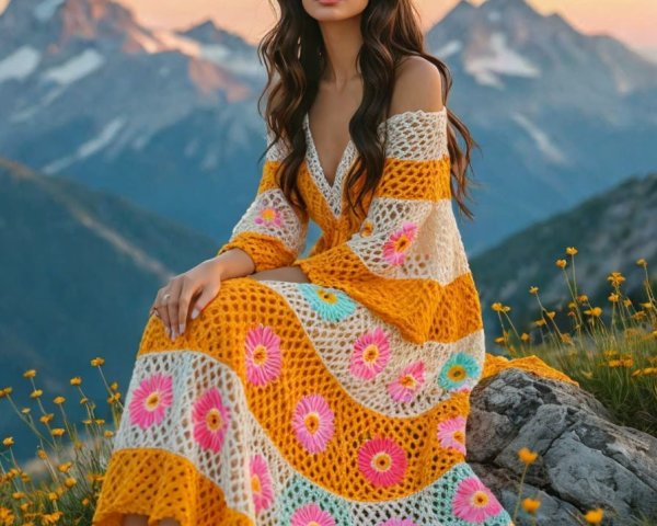 Young Woman in Crocheted Dress Amidst Wildflowers