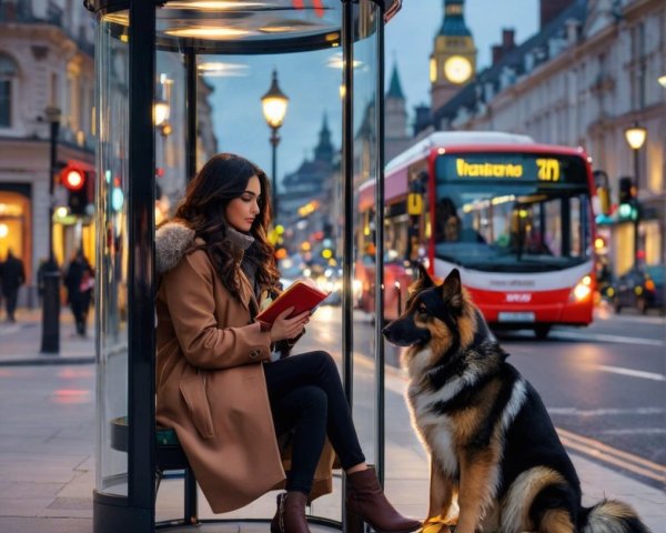 Young Woman Reading in Stylish Bus Shelter at Sunset