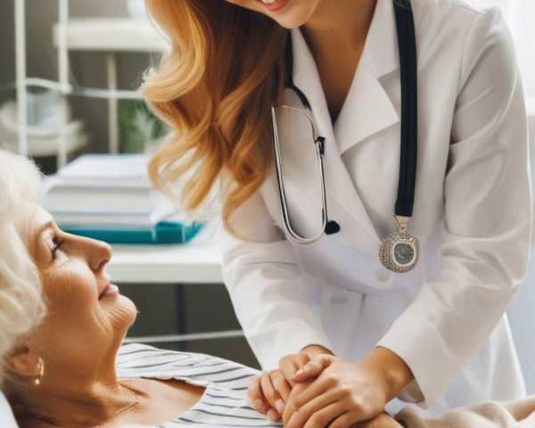 Caring Doctor Comforts Elderly Patient in Hospital Room