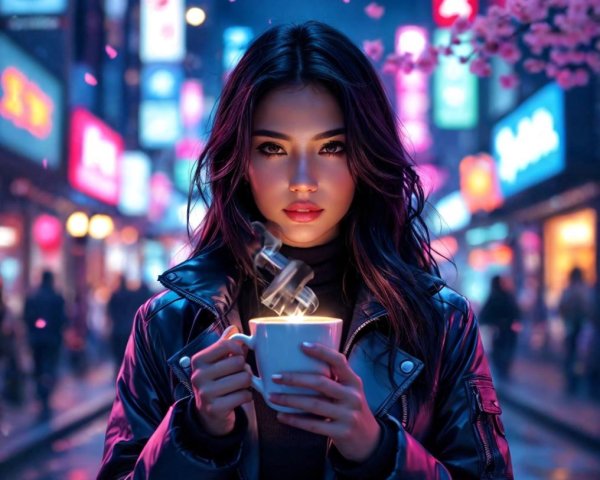 Young woman in neon-lit city street with petals