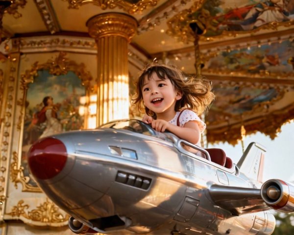 Child on a silver toy rocket at a carousel