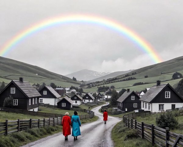 Women in Colorful Coats in a Scenic Rural Landscape