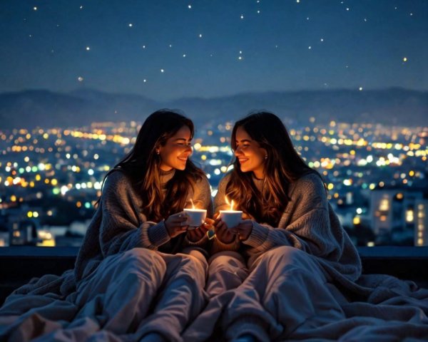 Cozy Night with Friends Under Starry Sky and City Lights