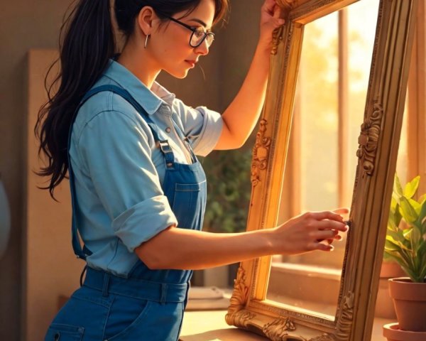 Young woman with golden frame by sunlit window