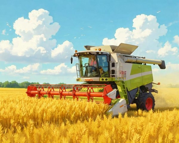 Modern Combine Harvester in Golden Wheat Fields
