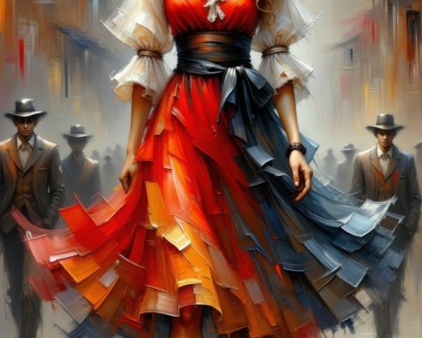 Elegant Woman in Vibrant Dress Surrounded by Suits