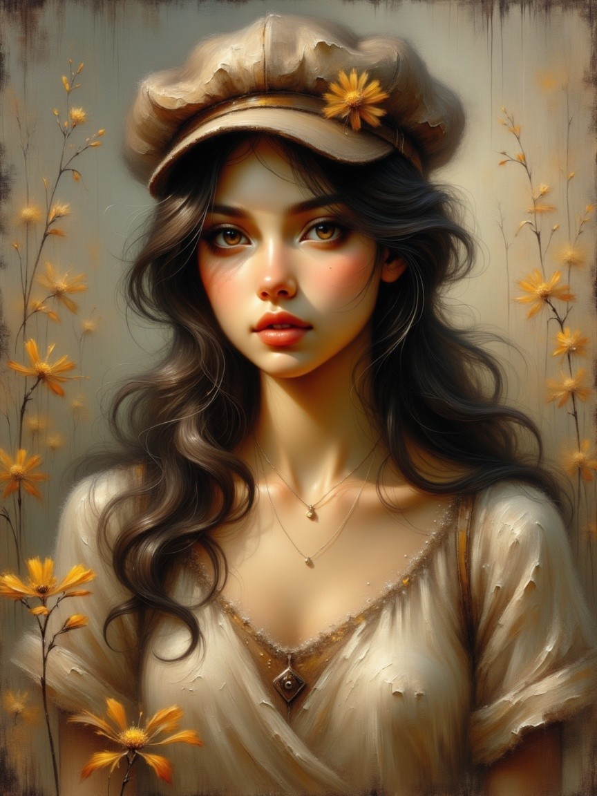 Young woman with black hair in serene floral setting