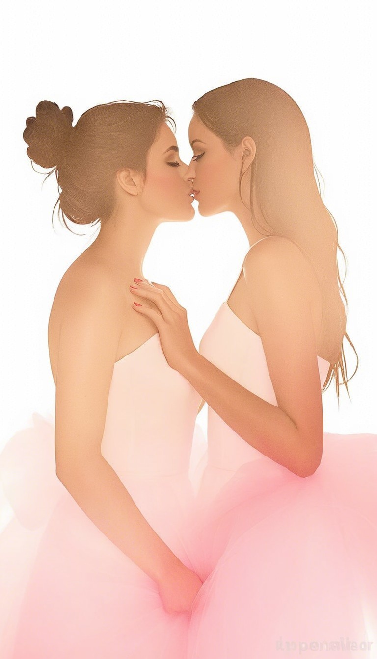 Elegant Women in Soft Pink Dresses Embrace in Glow
