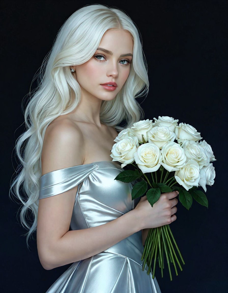 Young woman in silver dress with white roses
