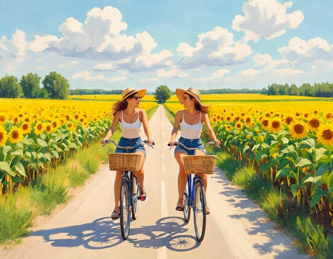 Women Biking Through Sunflower Fields on Sunny Day