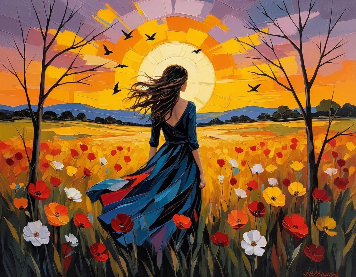 Woman in Flower Field at Sunset with Vibrant Colors