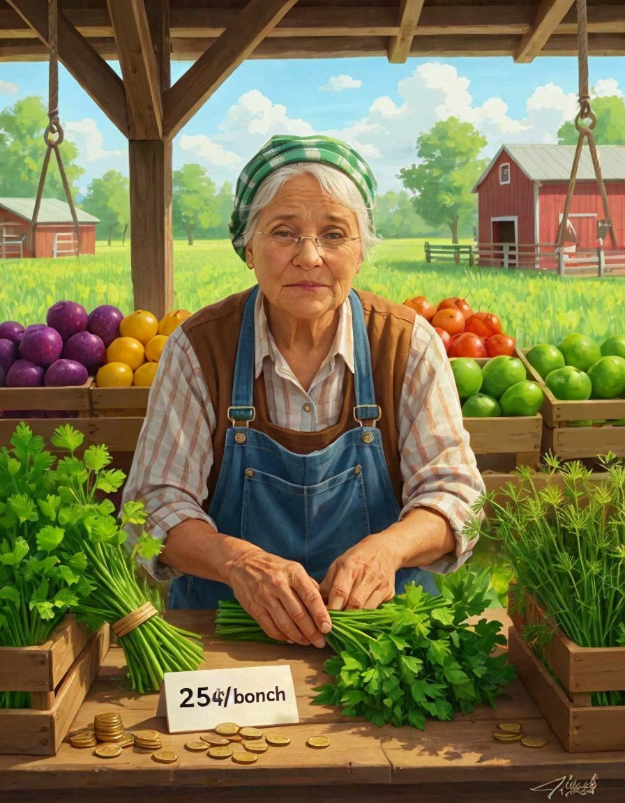 Elderly Woman at Rustic Market Stall with Fresh Produce
