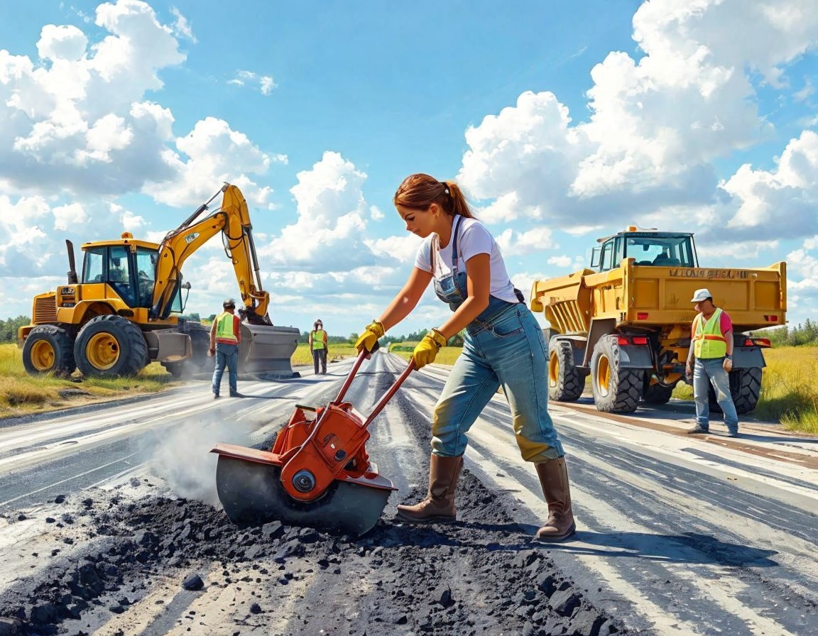 Woman Operating Roller on Construction Site with Workers