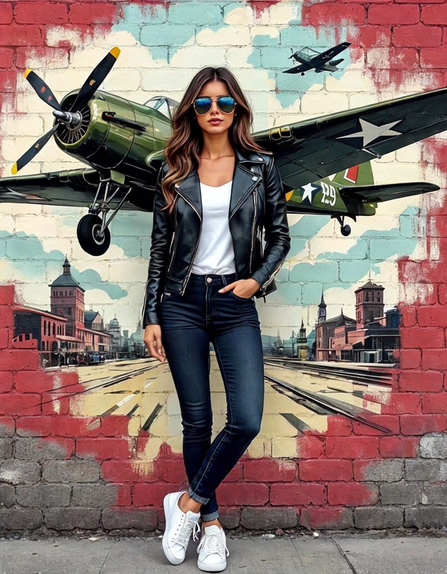 Young Woman Posing by Vintage Airplane Mural