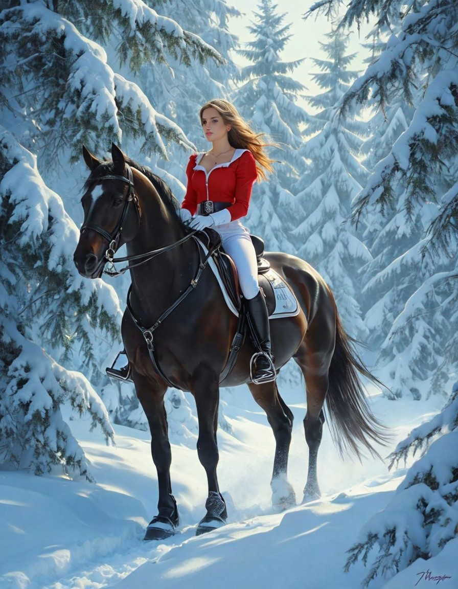 Young Woman in Red Jacket Riding Black Horse in Snow