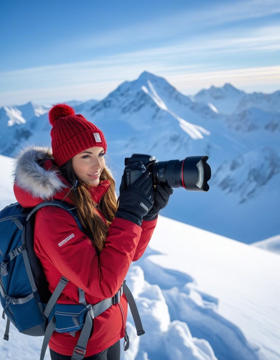 Young Woman in Red Jacket on Snowy Mountain Landscape