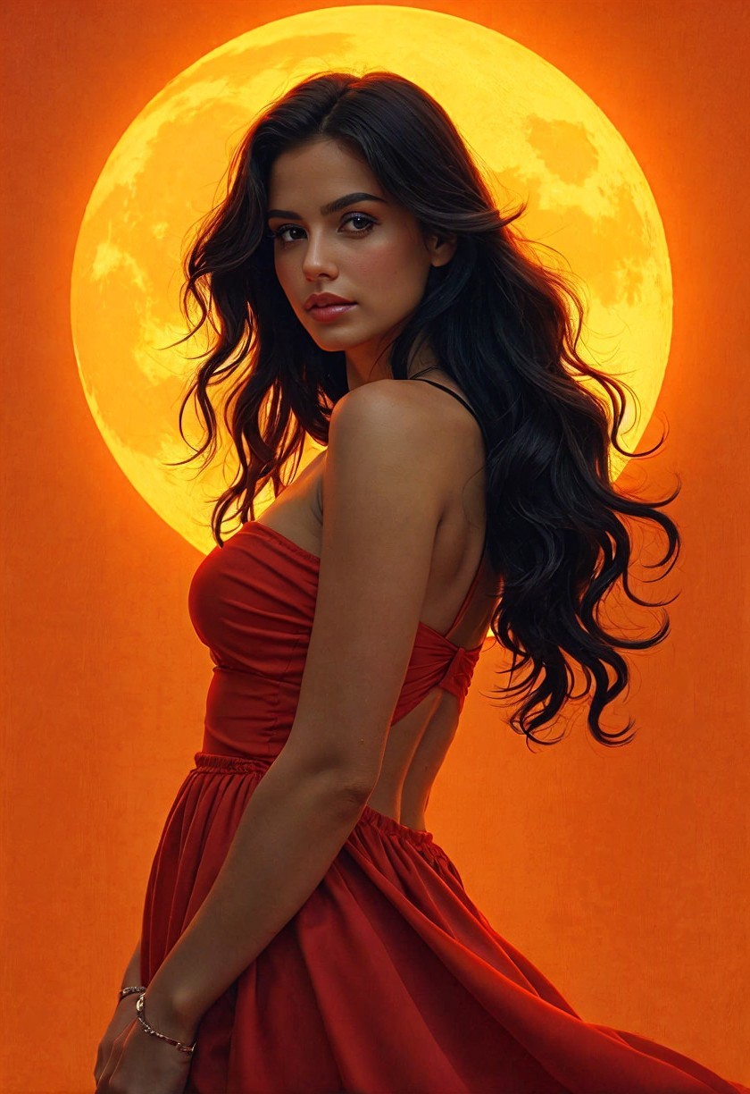 Woman in red dress against orange moon backdrop