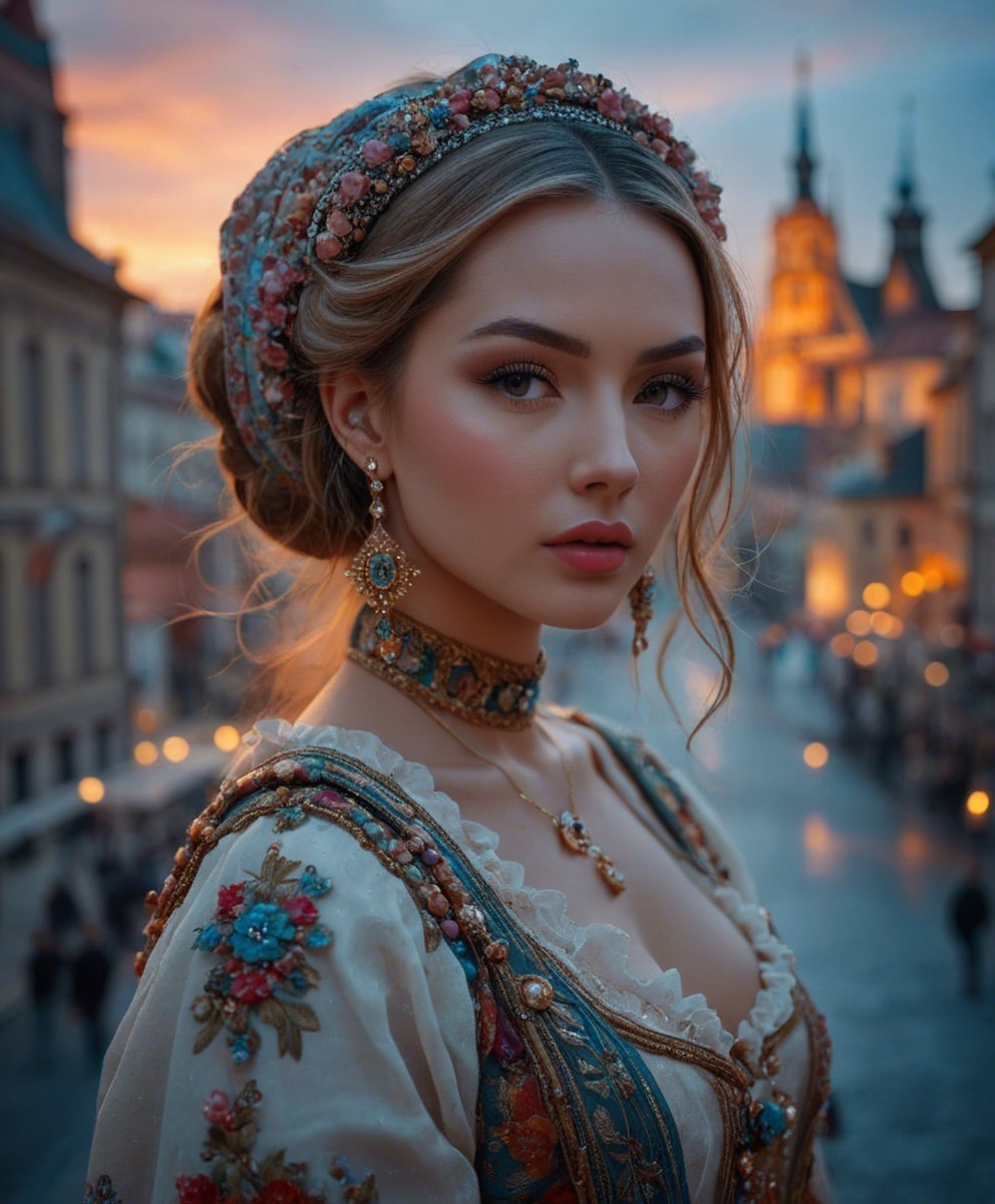 Blonde Woman in Elegant Attire in European Street Scene