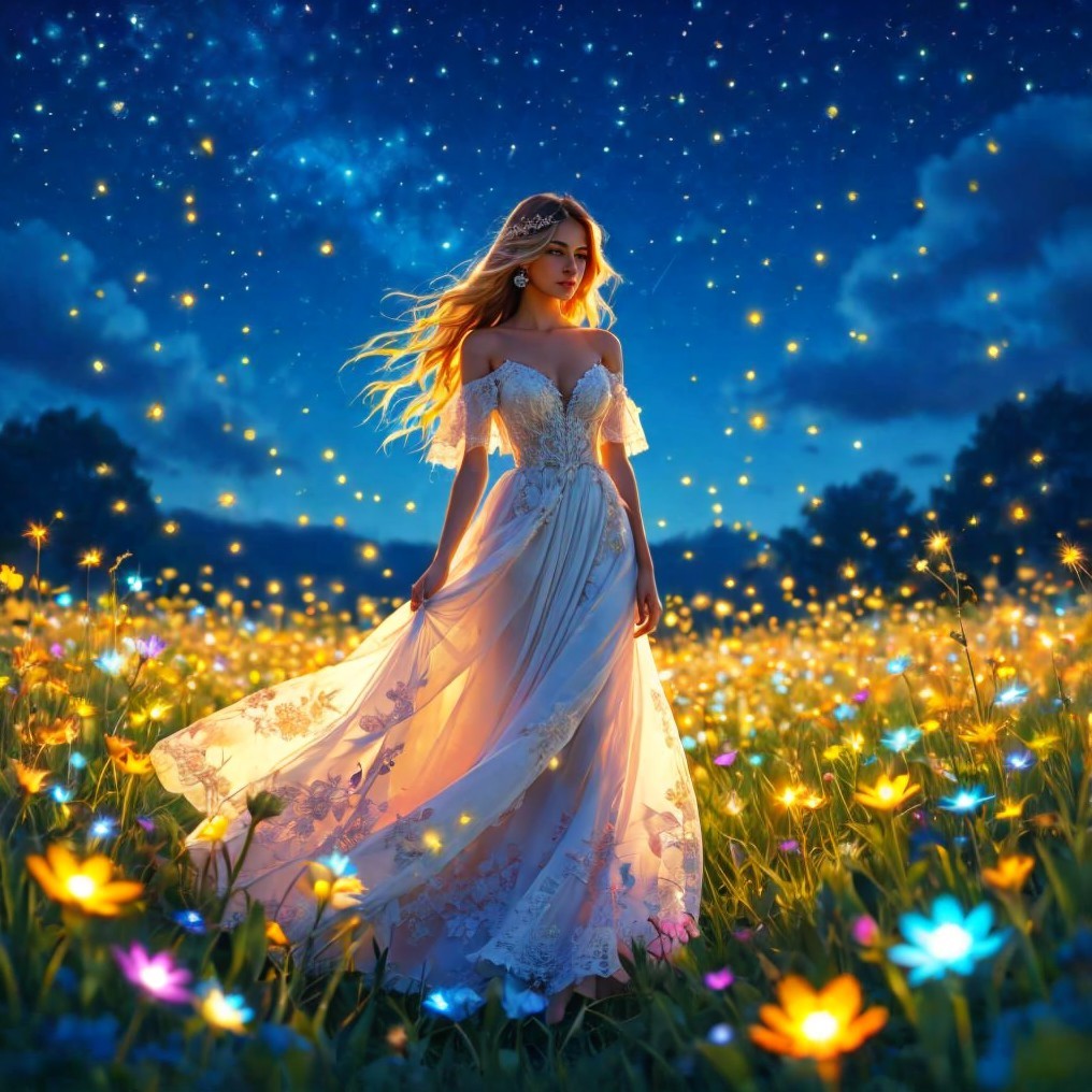 Ethereal Figure in Gown Among Vibrant Flower Field