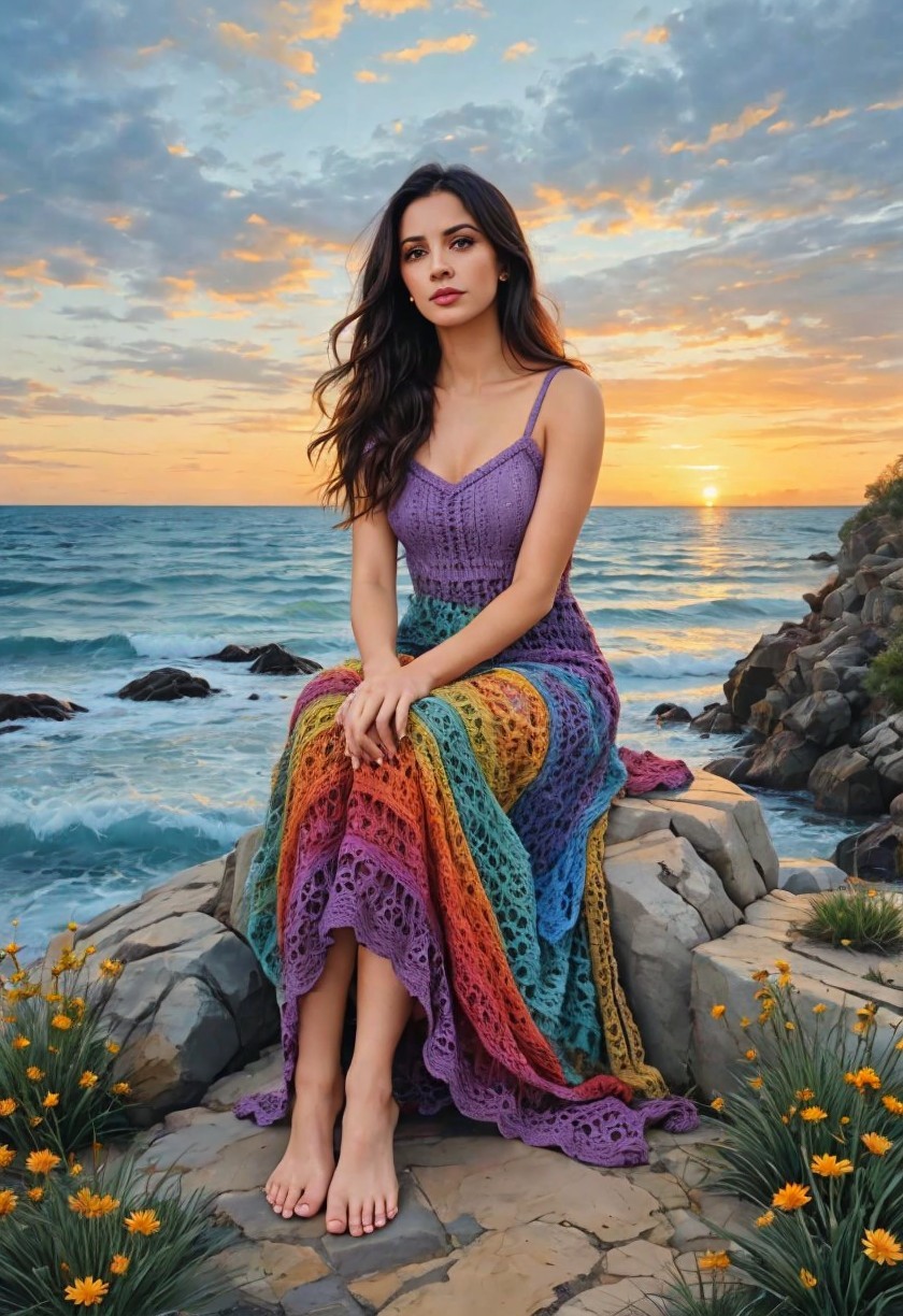 Young Woman in Crochet Dress by Ocean at Sunset