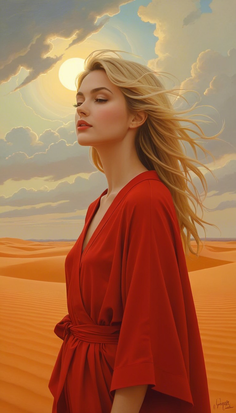 Serene Woman in Desert with Golden Sunlight and Clouds