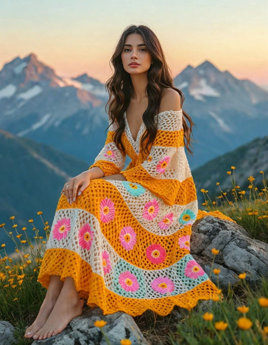 Young Woman in Crocheted Dress Amidst Wildflowers