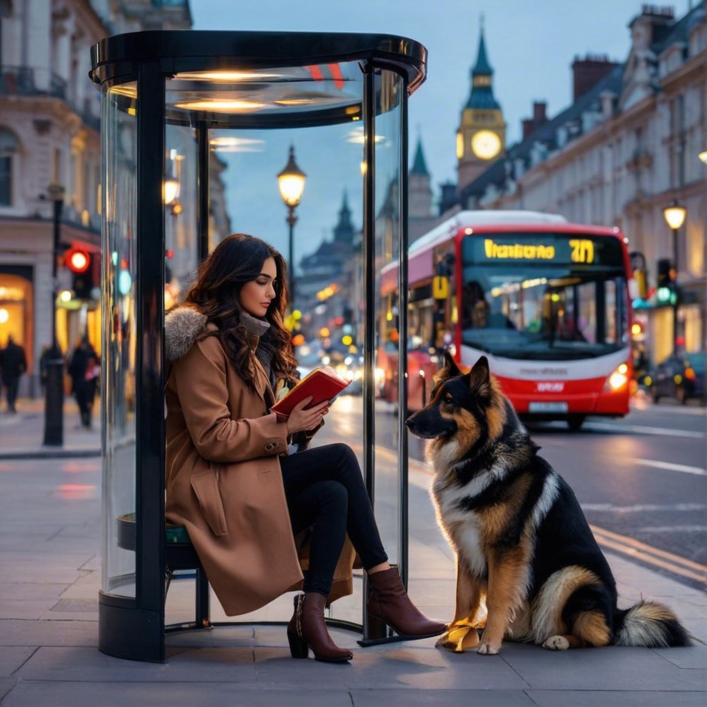 Young Woman Reading in Stylish Bus Shelter at Sunset