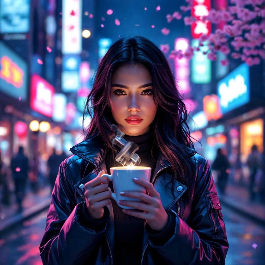 Young woman in neon-lit city street with petals
