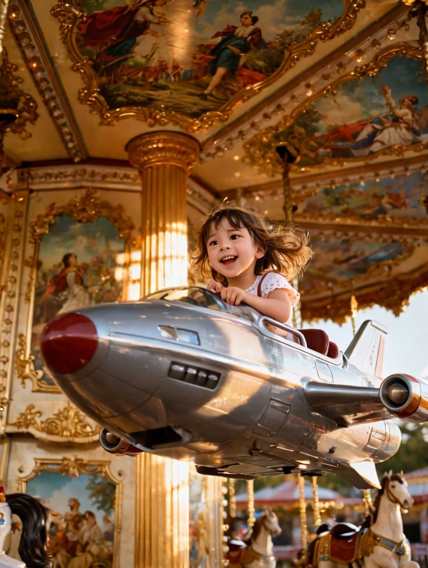Child on a silver toy rocket at a carousel