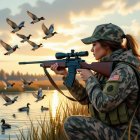 Hunter in Camouflage Aiming at Ducks at Sunset